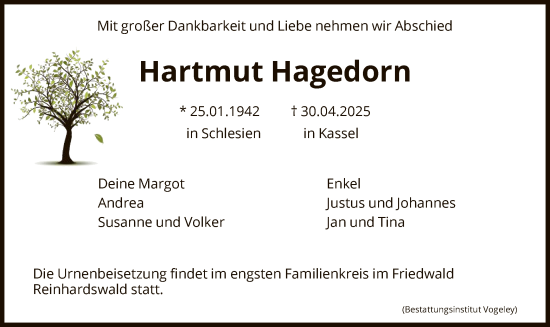 Todesanzeige von Hartmut Hagedorn von HNA