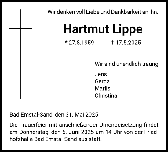 Todesanzeige von Hartmut Lippe von HNA