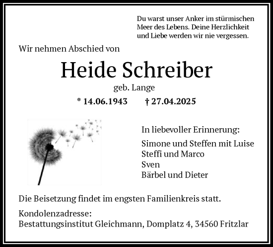 Todesanzeige von Heide Schreiber von HNAWLZ