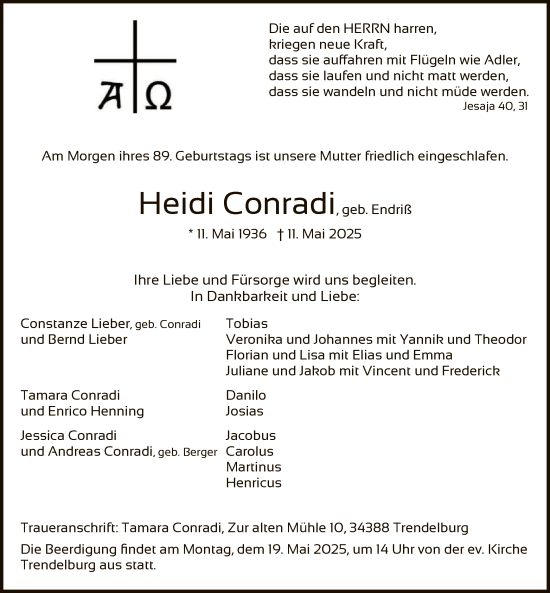 Todesanzeige von Heidi Conradi von HNA