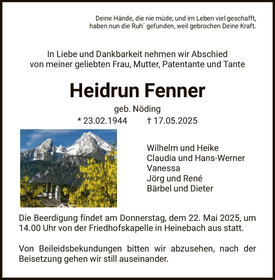 Todesanzeige von Heidrun Fenner von HNAHNA