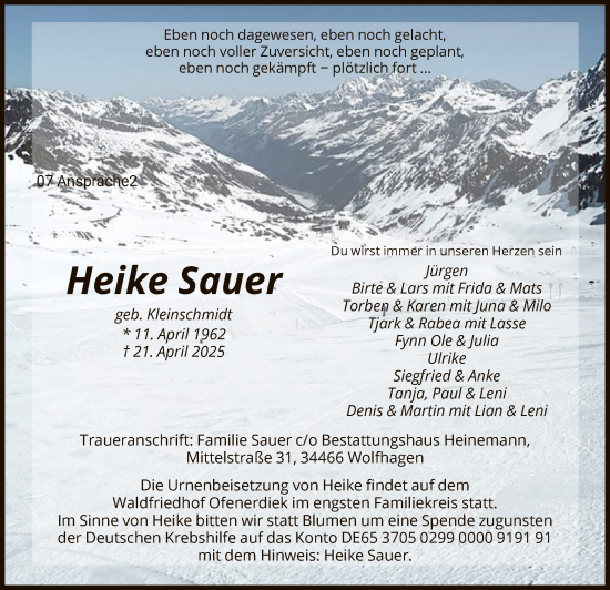 Todesanzeige von Heike Sauer von HNA