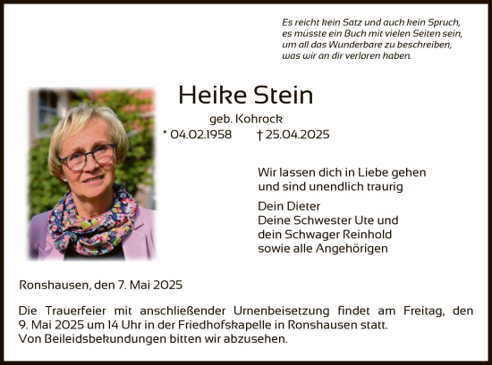 Todesanzeige von Heike Stein von HNA