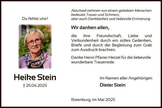 Todesanzeige von Heike Stein von HNA