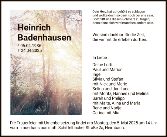 Todesanzeige von Heinrich Badenhausen von HNA