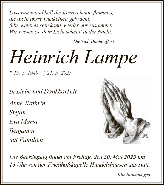 Todesanzeige von Heinrich Lampe von HNAHNAHNA