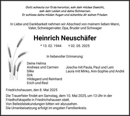 Todesanzeige von Heinrich Neuschäfer von HNA