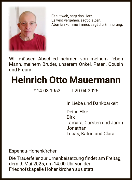 Todesanzeige von Heinrich Otto Mauermann von HNA