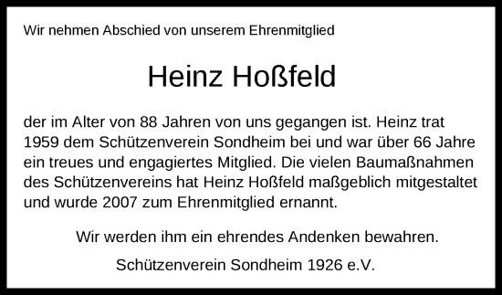 Todesanzeige von Heinz Hoßfeld von HNA