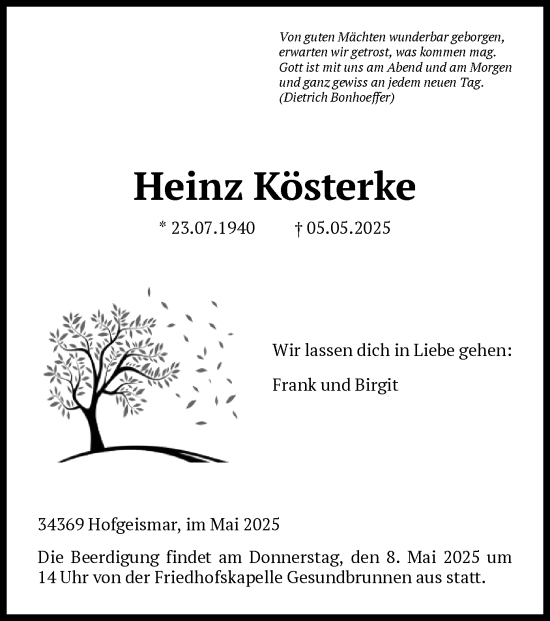 Todesanzeige von Heinz Kösterke von HNA