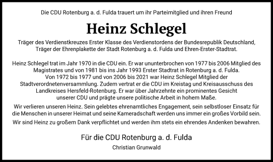 Todesanzeige von Heinz Schlegel von HNA