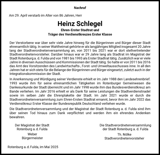 Todesanzeige von Heinz Schlegel von HNA
