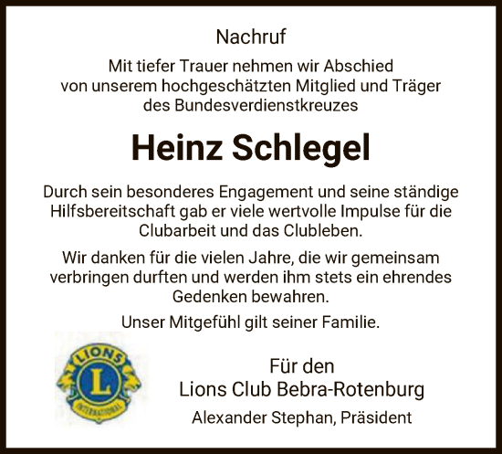 Todesanzeige von Heinz Schlegel von HNA