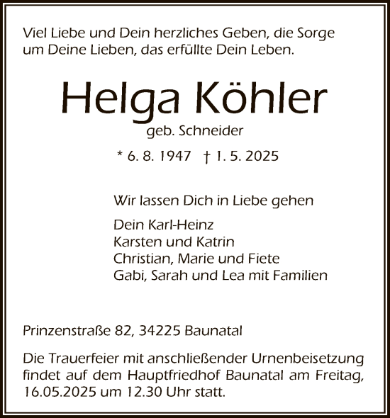 Todesanzeige von Helga Köhler von HNAHNA