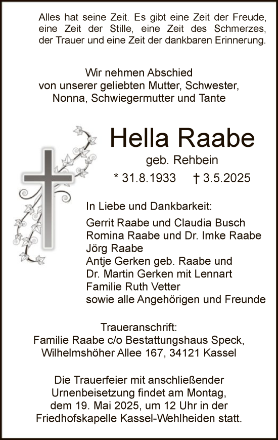 Todesanzeige von Hella Raabe von HNA