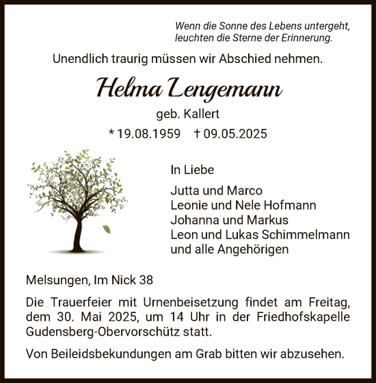 Todesanzeige von Helma Lengemann von HNA