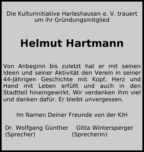 Todesanzeige von Helmut Hartmann von HNA