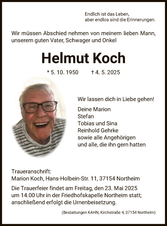 Todesanzeige von Helmut Koch von HNA
