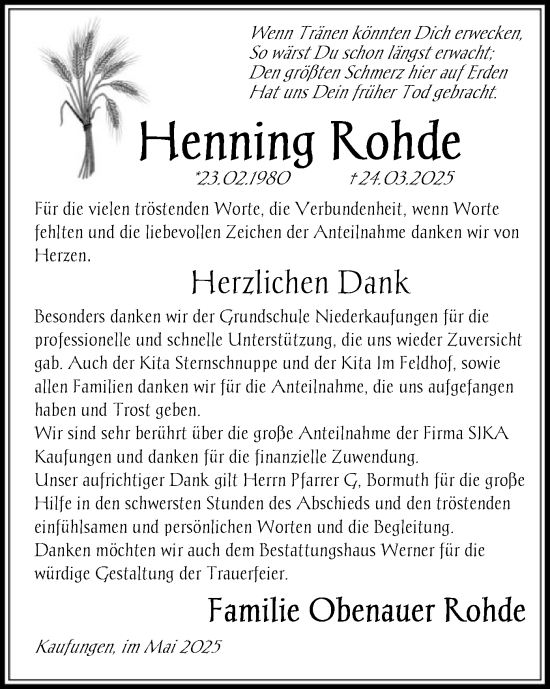 Todesanzeige von Henning Rohde von HNA