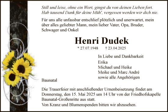 Todesanzeige von Henri Dudek von HNA