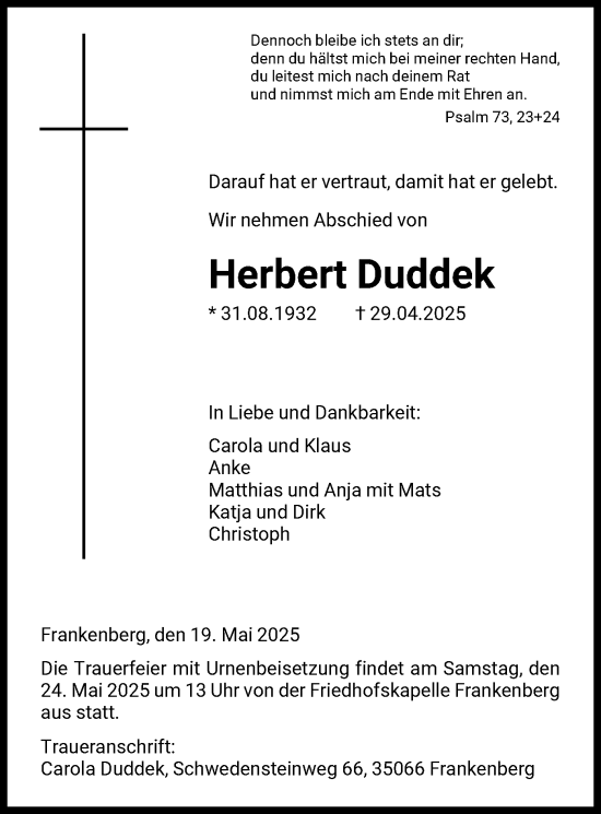 Todesanzeige von Herbert Duddek von HNA