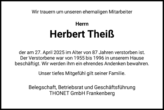 Todesanzeige von Herbert Theil von HNA