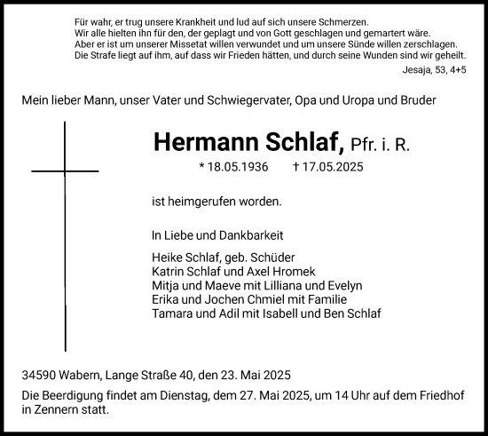 Todesanzeige von Hermann Schlaf von HNA