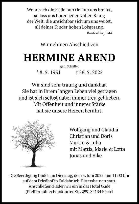 Todesanzeige von Hermine Arend von HNA