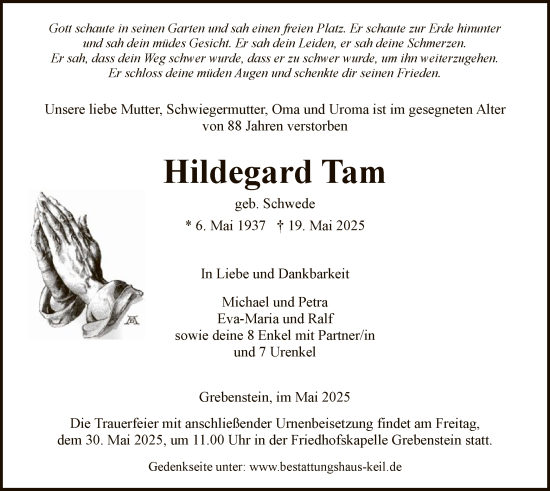 Todesanzeige von Hildegard Tam von HNA
