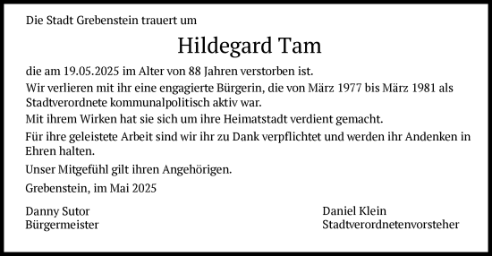 Todesanzeige von Hildegard Tam von HNA