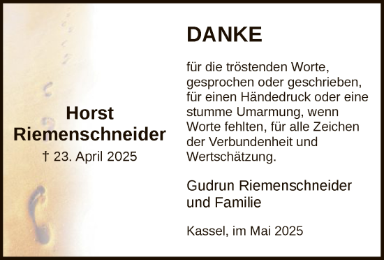 Todesanzeige von Horst Riemenschneider von HNA