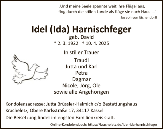 Todesanzeige von Idel Harnischfeger von HNA