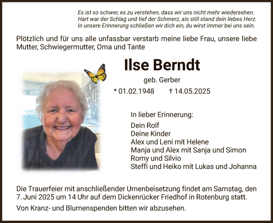 Todesanzeige von Ilse Berndt von HNA
