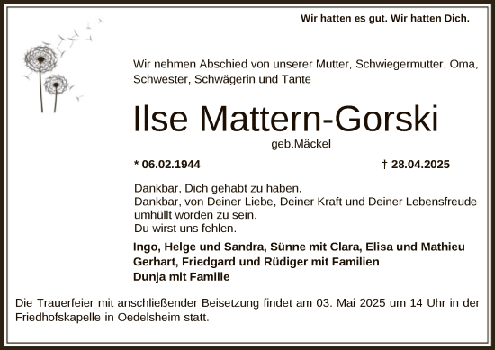 Todesanzeige von Ilse Mattern-Gorski von HNA