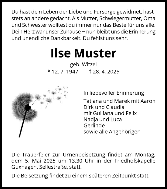 Todesanzeige von Ilse Muster von HNA