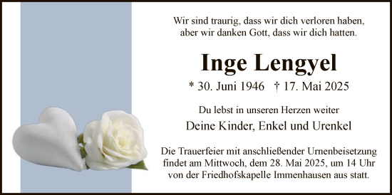 Todesanzeige von Inge Lengyel von HNA