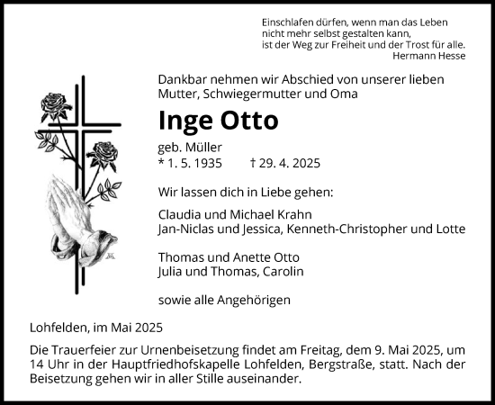 Todesanzeige von Inge Otto von HNA