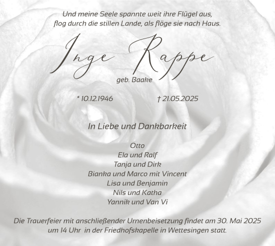 Todesanzeige von Inge Rappe von HNA