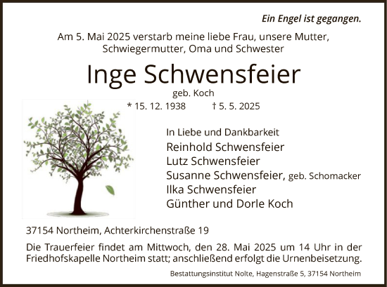 Todesanzeige von Inge Schwensfeier von HNA