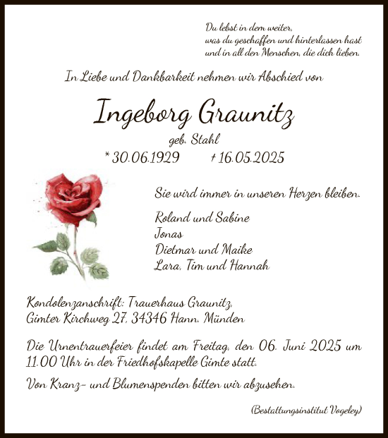 Todesanzeige von Ingeborg Graunitz von HNA