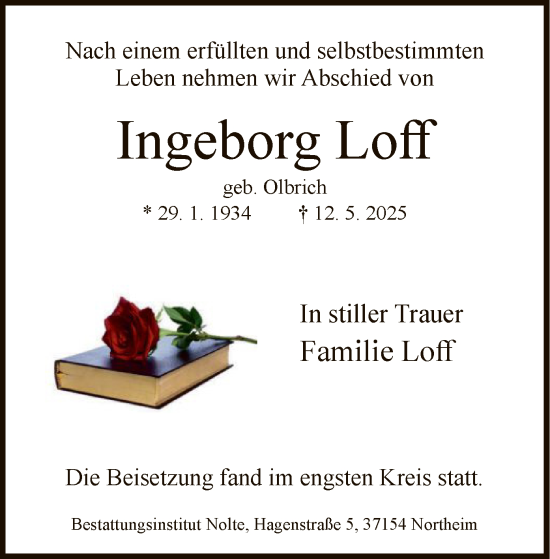Todesanzeige von Ingeborg Loft von HNA