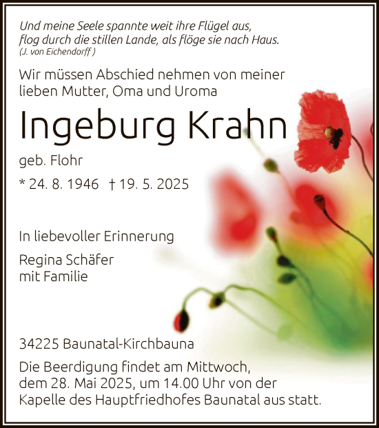 Todesanzeige von Ingeburg Krahn von HNA