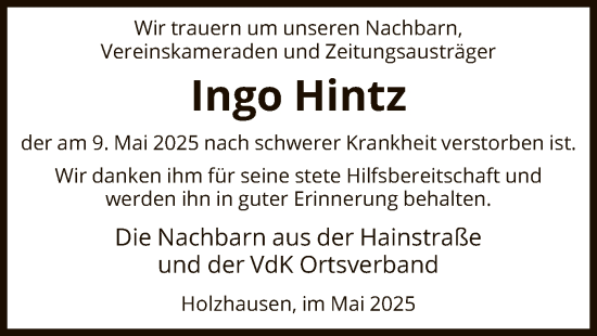 Todesanzeige von Ingo Hintz von HNA