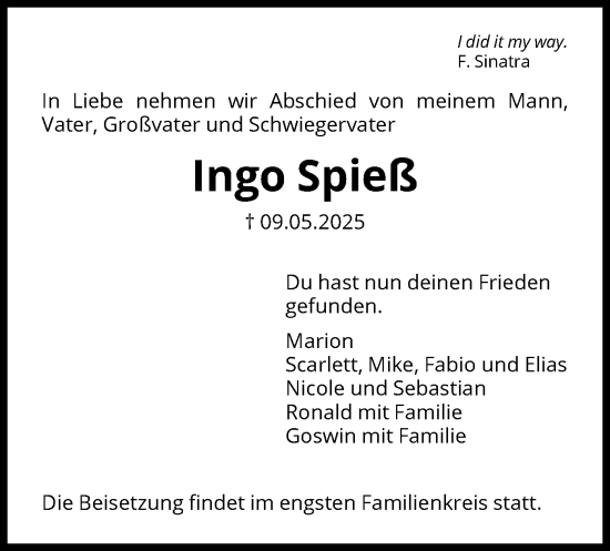 Todesanzeige von Ingo Spieß von HNA