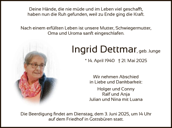 Todesanzeige von Ingrid Dettmar von HNA