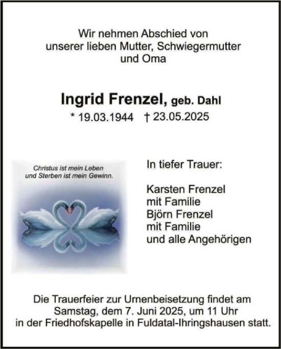 Todesanzeige von Ingrid Frenzel von HNA