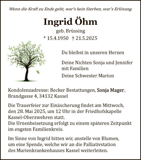 Todesanzeige von Ingrid Ohm von HNA