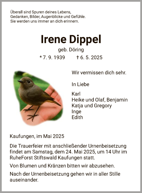 Todesanzeige von Irene Dippel von HNA