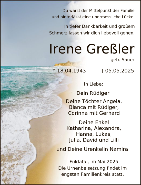 Todesanzeige von Irene Greßler von HNA