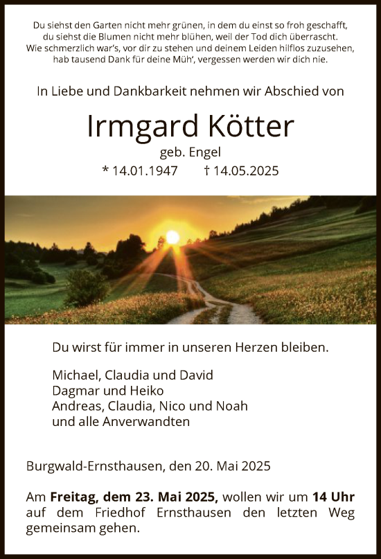 Todesanzeige von Irmgard Kötter von HNA